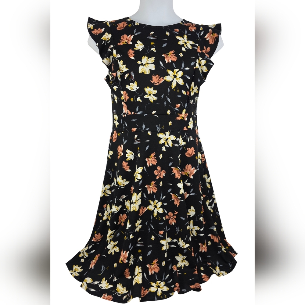 Yathon XL Black Floral Fit & Flare Dress Ruffled Flutter Sleeves 3022-Y